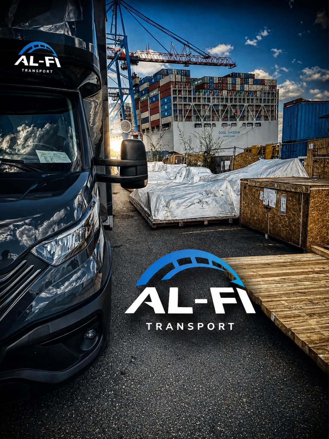 AL-FI Transporter vor Containern im Hafengelände